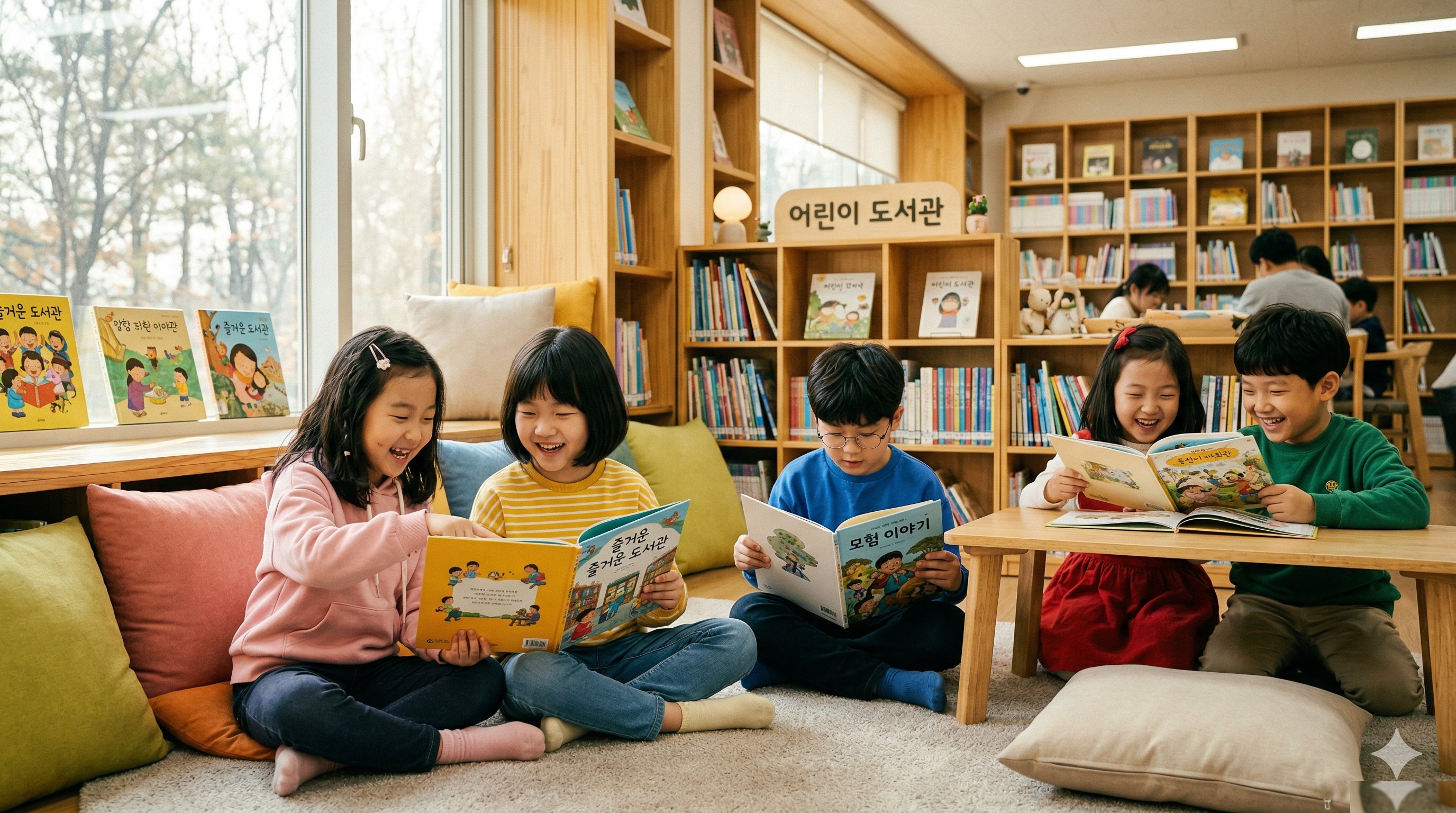 어린이 도서관에서 책을 읽는 아이들